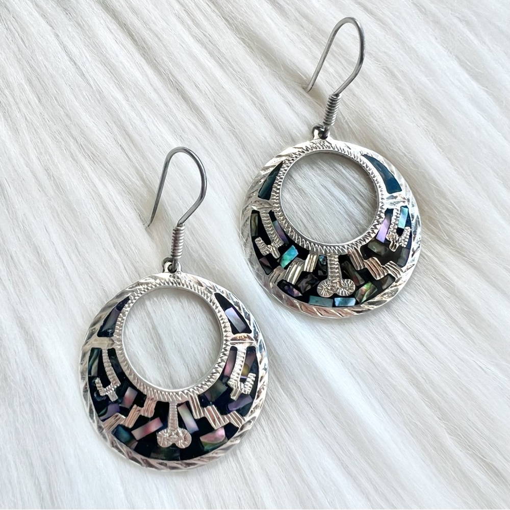 Vintage Abalone & Sterling Silver Geometric Hoop Dangle Earrings 925 Mexico